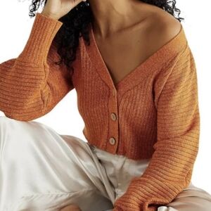 Free People Beach James Cropped Orange Balloon Sleeve Cardigan Sweater